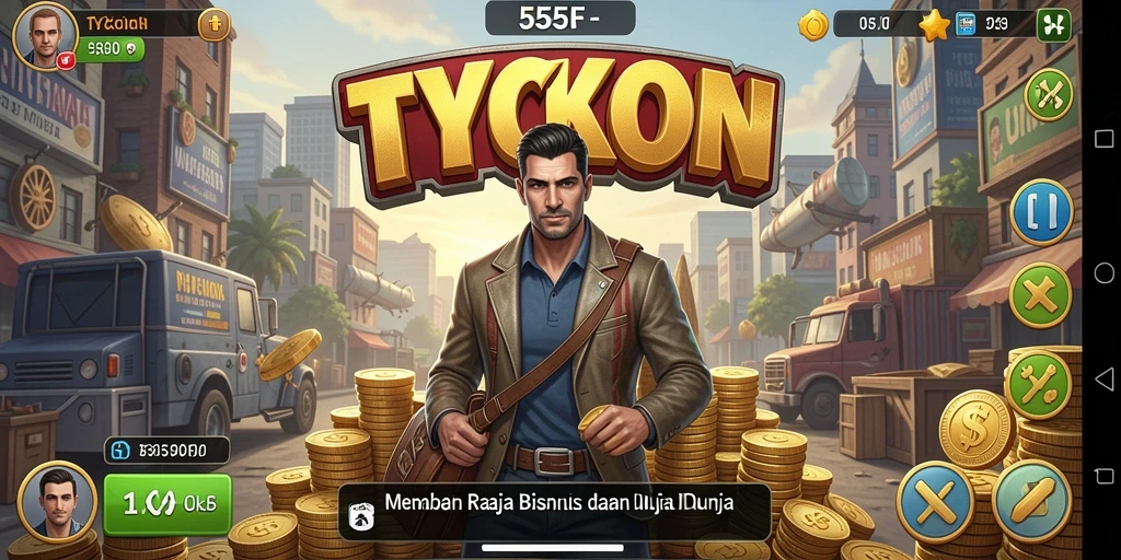 Tampilan gameplay menyenangkan 555F menunjukkan strategi bisnis yang dinamis.